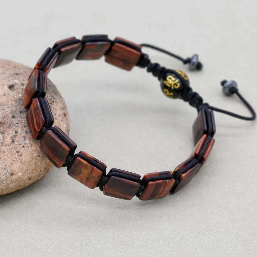 Red Tiger Eye Square Bead Braided Bracelet with Six-Word Mantra Agate