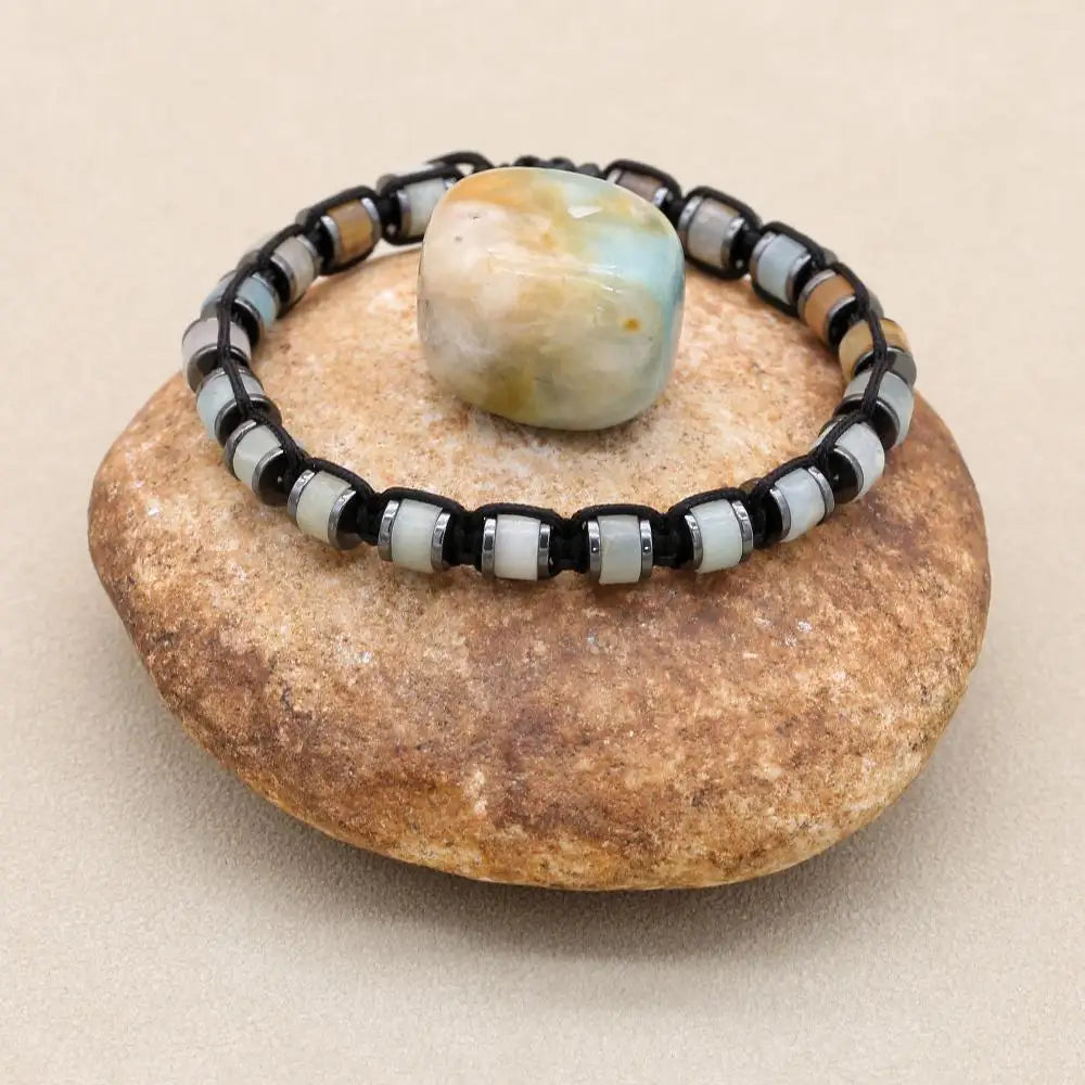 Unisex Amazonite & Hematite Disc Braided Bracelet | Adjustable