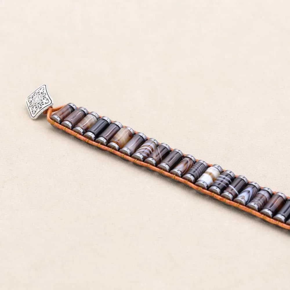 Inner Anchor: Coffee Striped Agate and Grounding Hematite Leather Wrap Bracelet