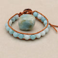 Unisex 8mm Amazonite Leather Boho Bracelet | Adjustable Braided Wrap