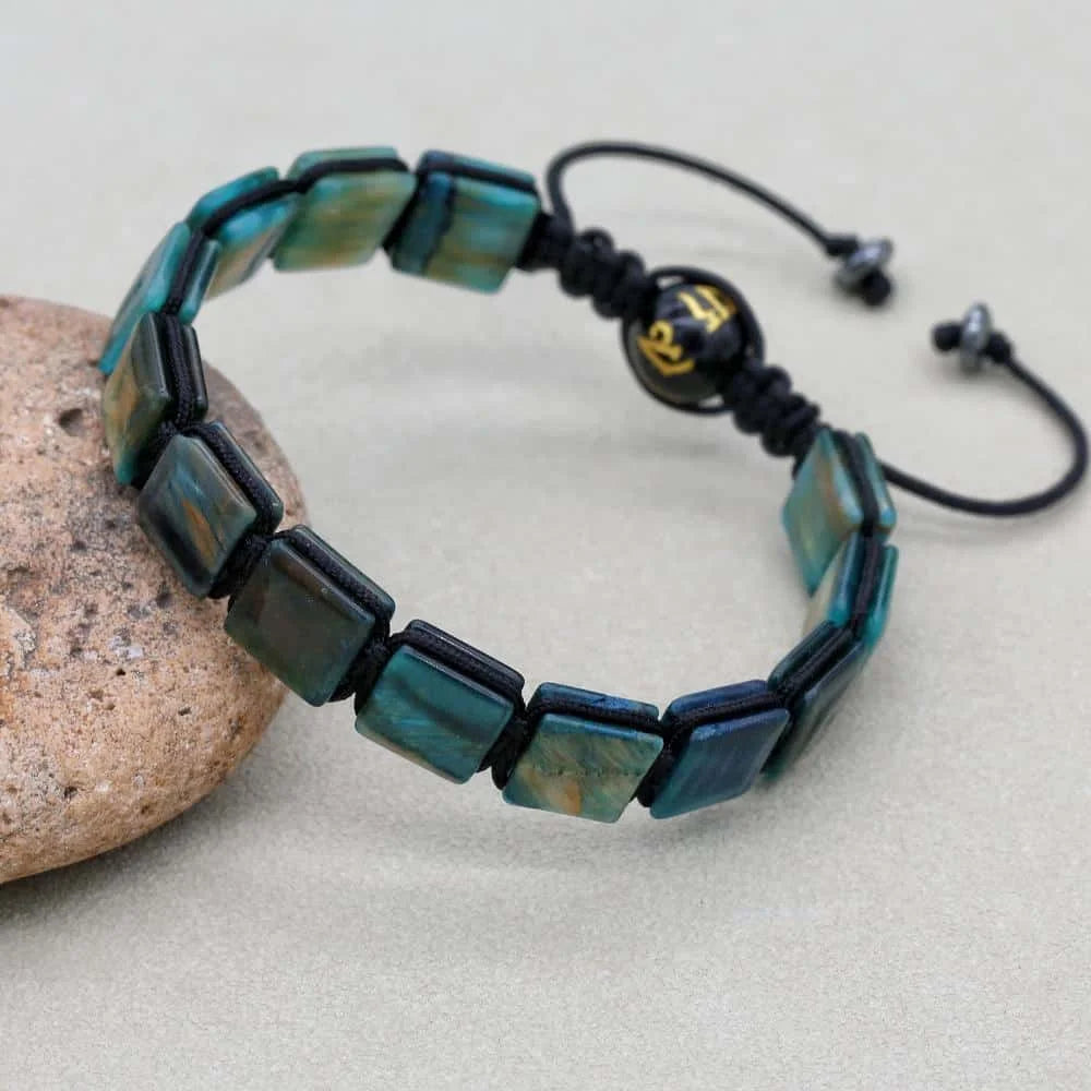 Handmade 10mm Square Blue-Green Tiger's Eye Braided Bracelet Unisex Spiritual Mantra Jewelry