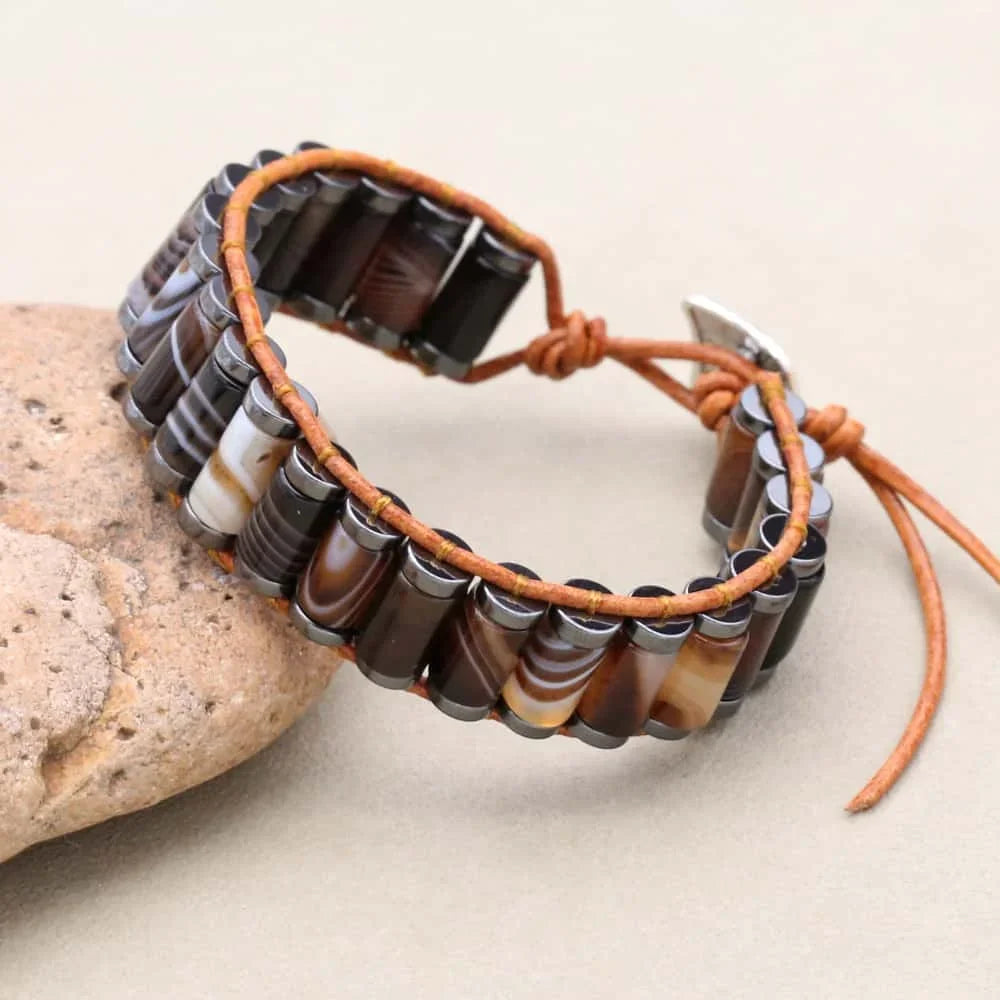 Inner Anchor: Coffee Striped Agate and Grounding Hematite Leather Wrap Bracelet