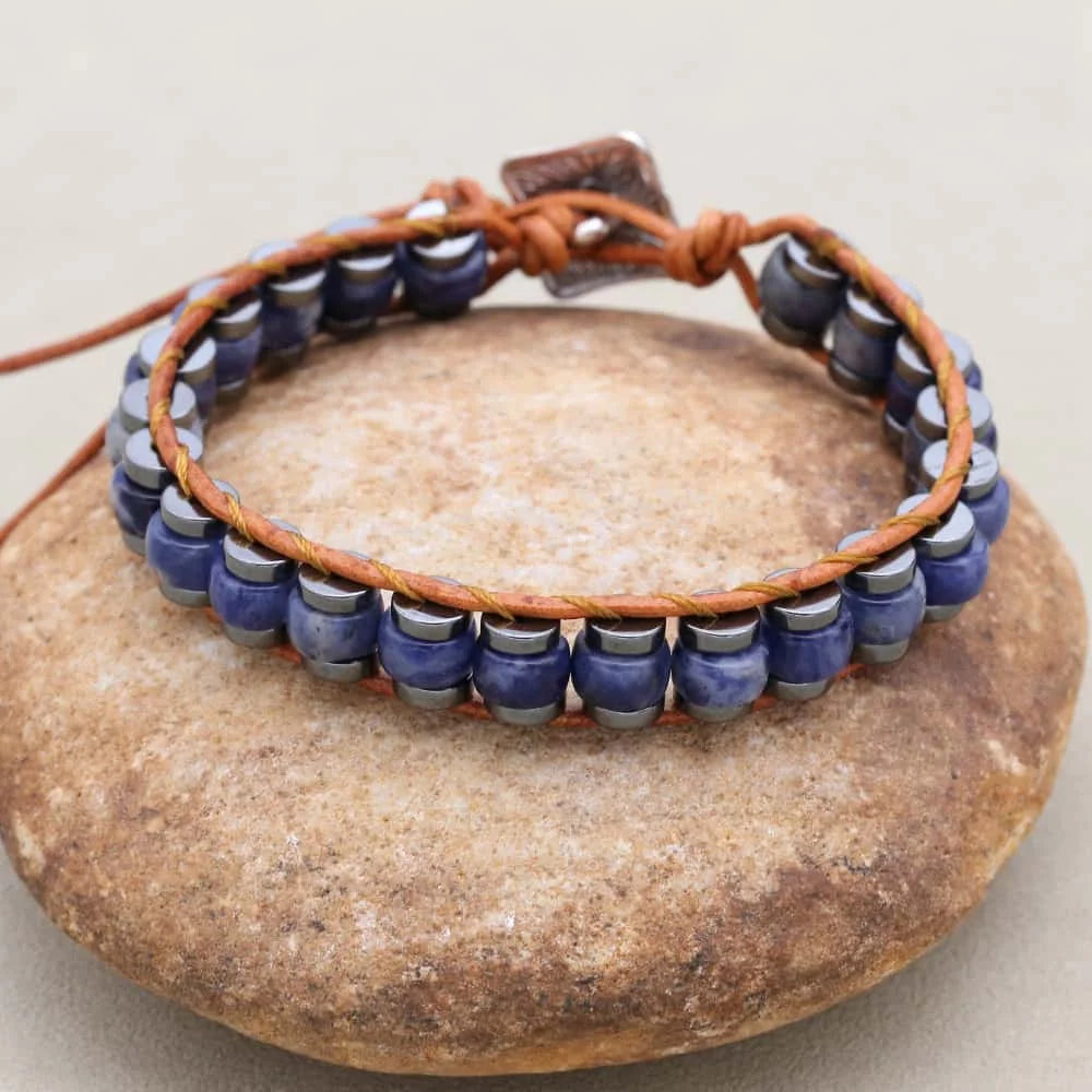 Clarity and Protection Sodalite Hematite Leather Wrap Bracelet