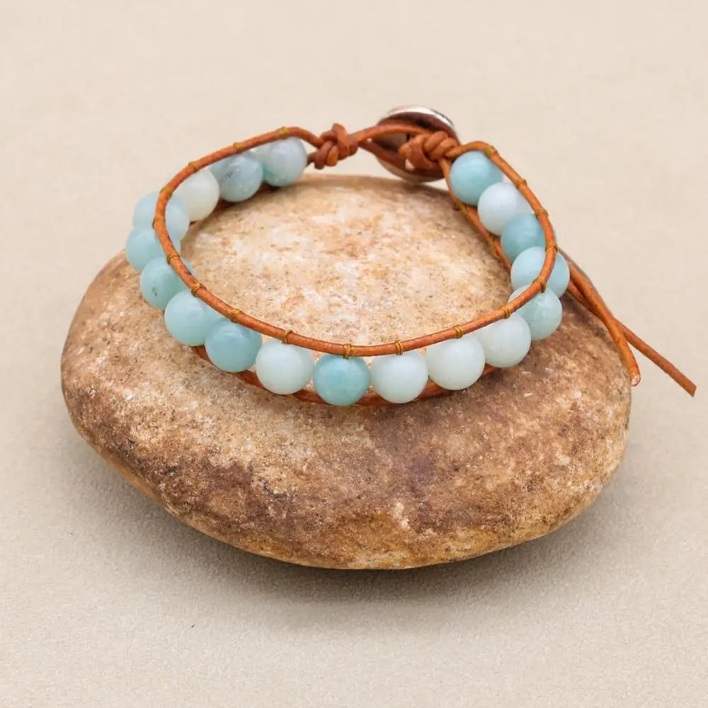 Unisex 8mm Amazonite Leather Boho Bracelet | Adjustable Braided Wrap