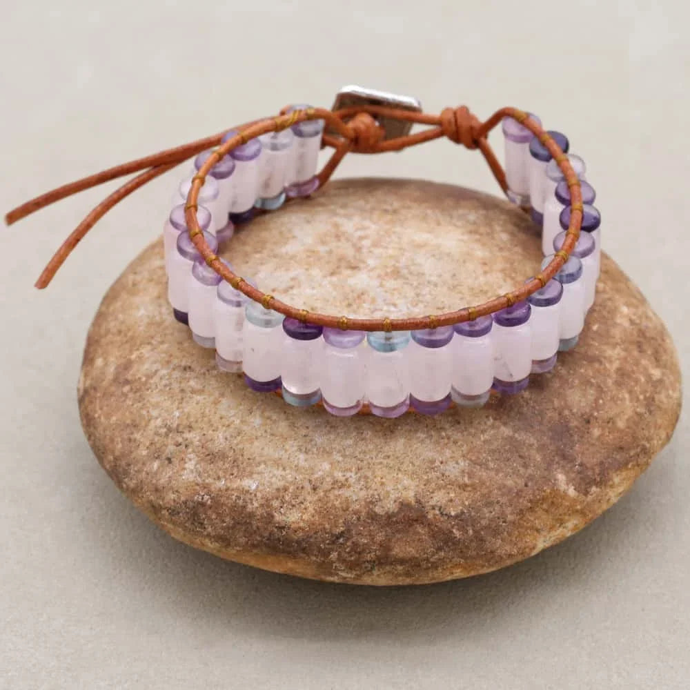 Handmade Rose Quartz & Fluorite Gemstone Leather Wrap Bracelet