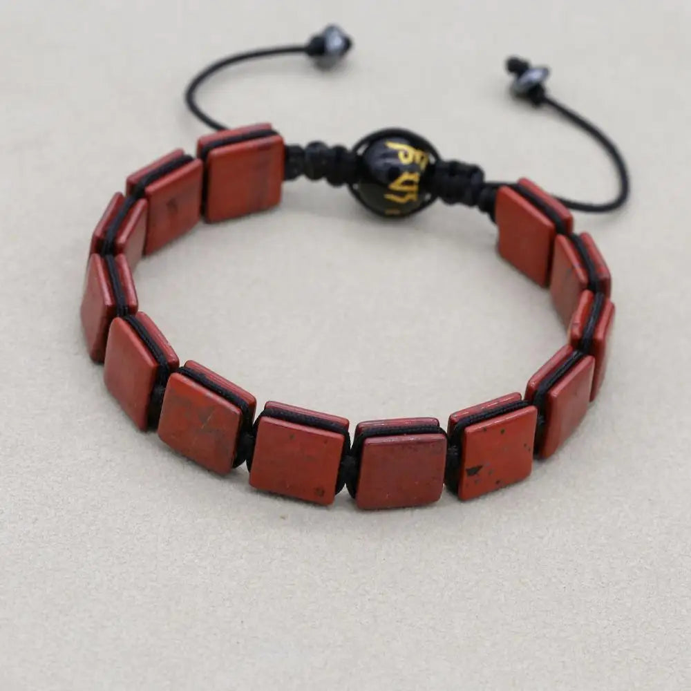 Unisex 10mm Square Red Jasper Braided Bracelet with Mantra Agate