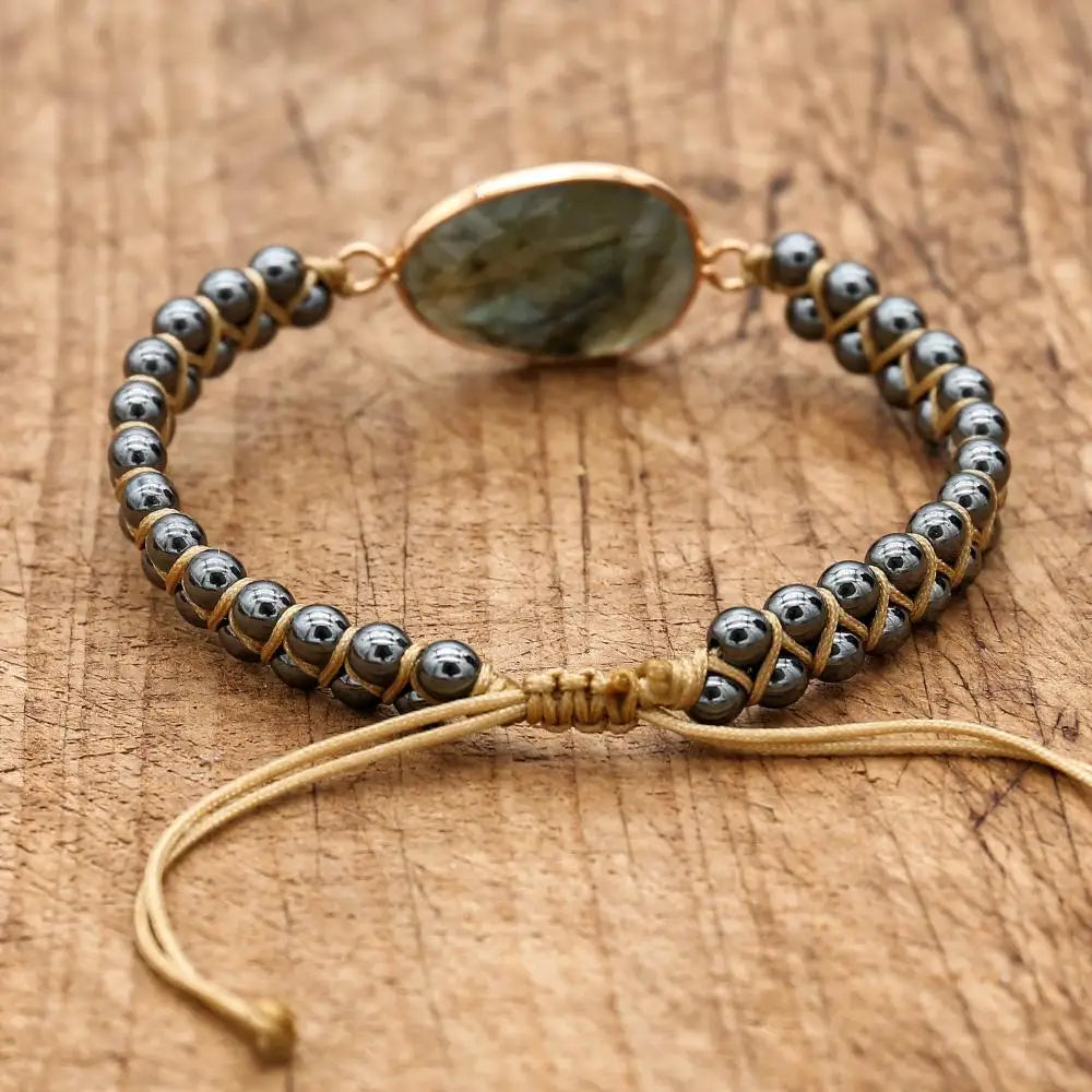 Pulsera trenzada de doble capa de hematita y labradorita: protección e intuición