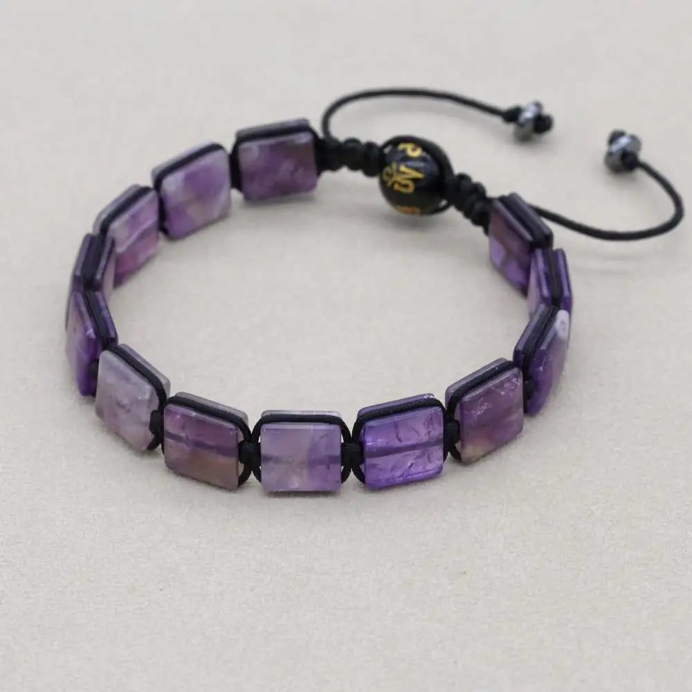 Handmade 10mm Square Amethyst Braided Bracelet Unisex Spiritual Mantra Jewelry