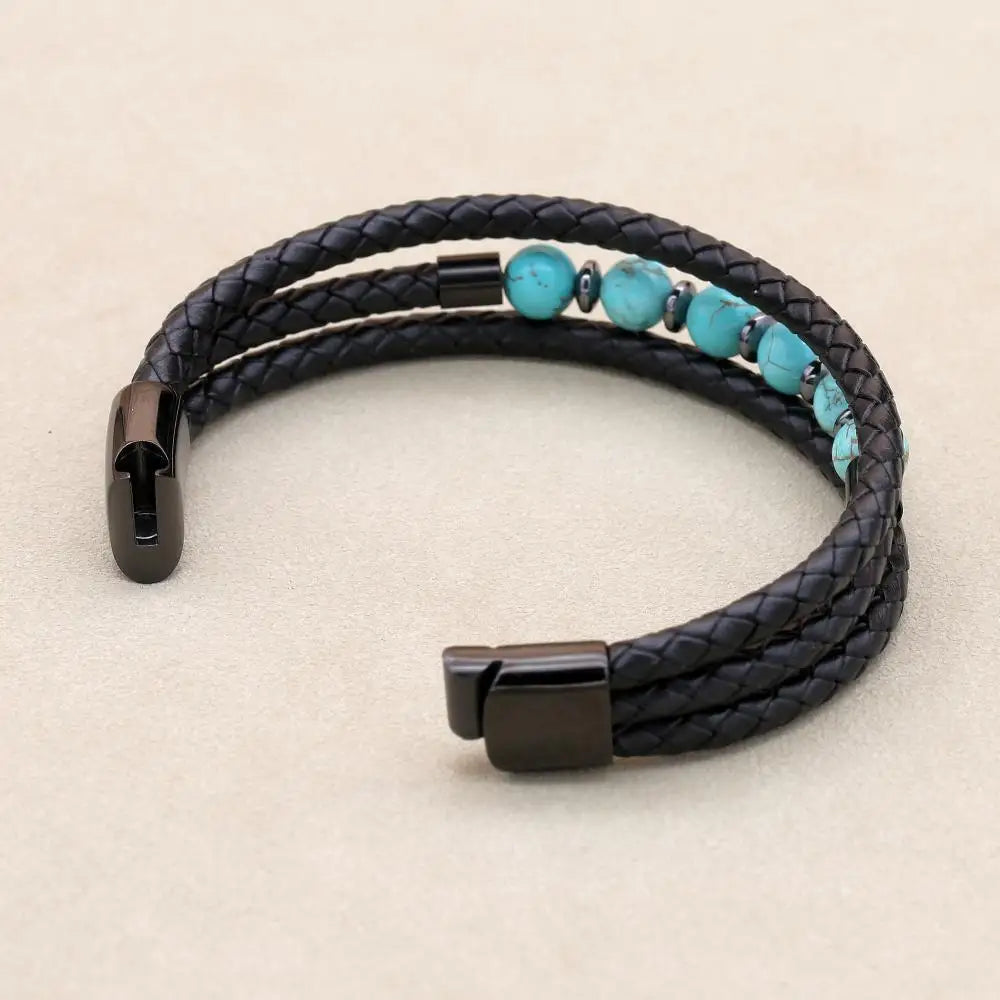Handmade Turquoise & Hematite Multi-Layer Leather Bracelet for Men Women