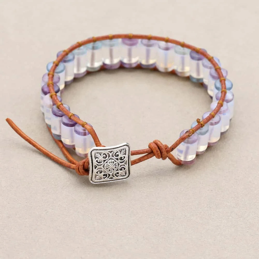 Serenity and Inspiration: Opalite Cylinder Fluorite Woven Leather Bracelet