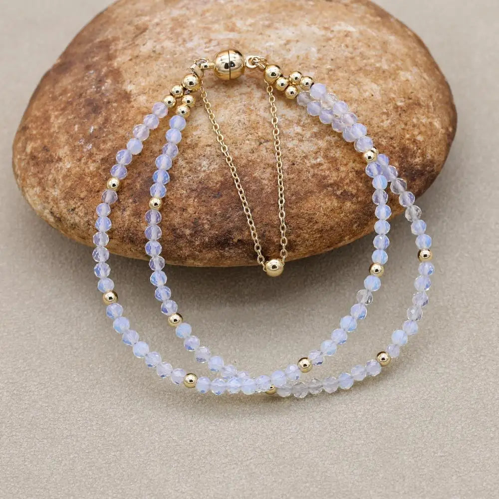 Handmade 3mm Faceted Opal Double-Layer Bracelet with Magnetic Clasp