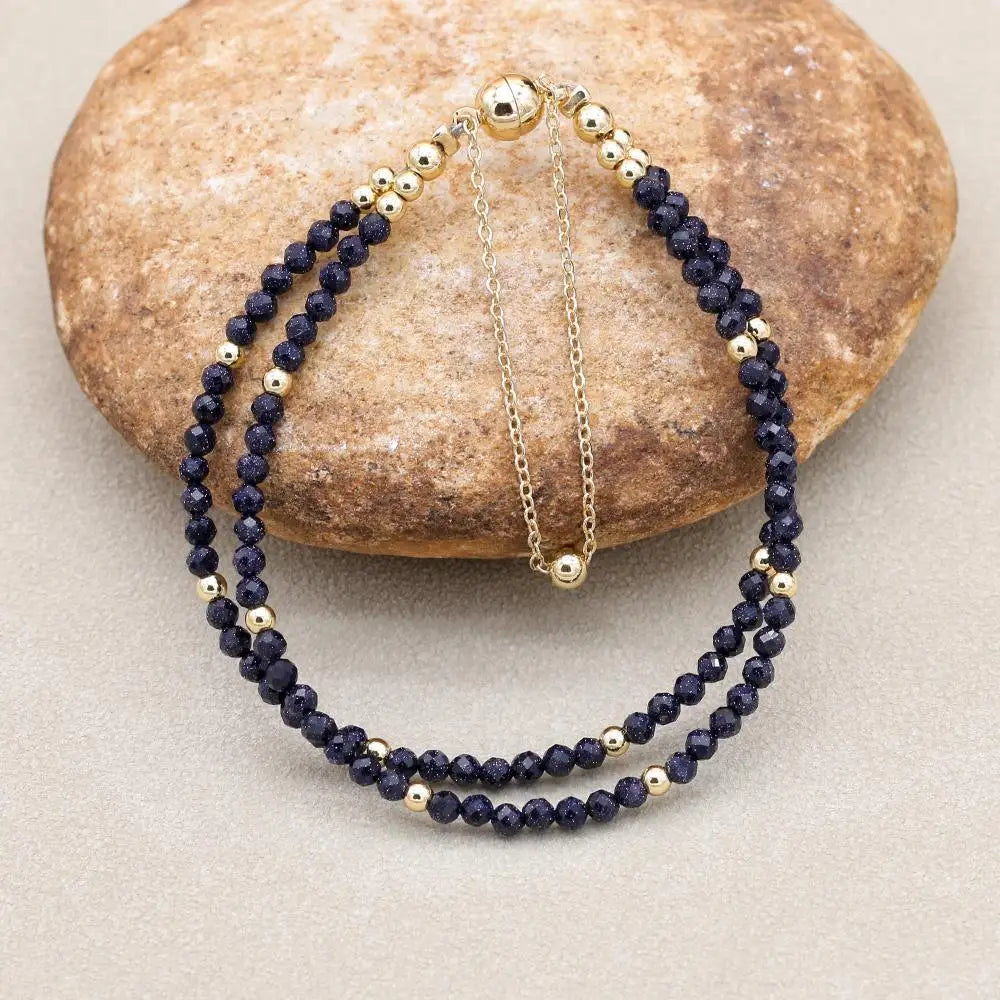 Handmade 3mm Faceted Blue Sandstone Double-Layer Bracelet with Magnetic Clasp