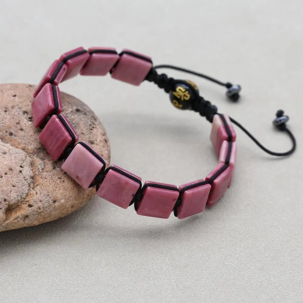 Handmade 10mm Square Rhodonite Beaded Braided Bracelet with Six-Sword Mantra Agate Adjustable