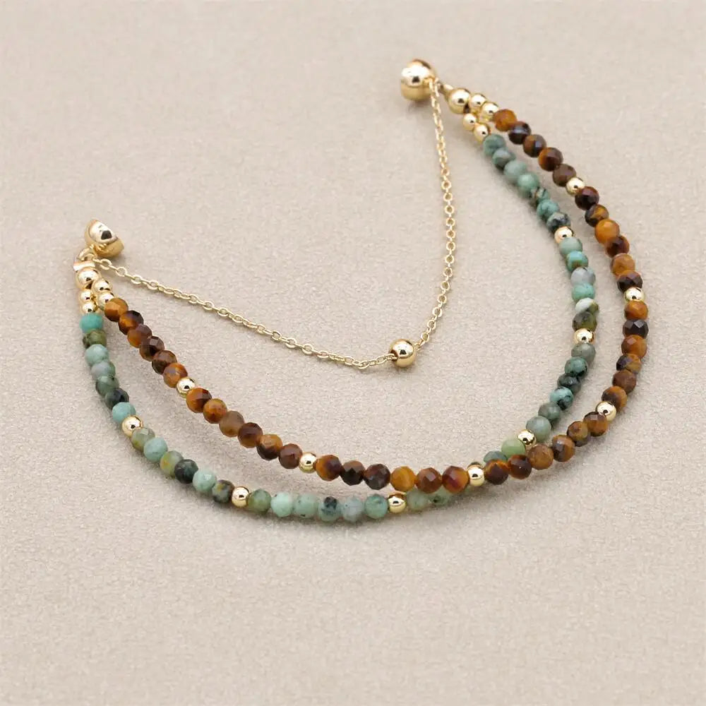 Handmade 3mm Faceted African Turquoise & Tiger Eye Double-Layer Bracelet with Magnetic Clasp