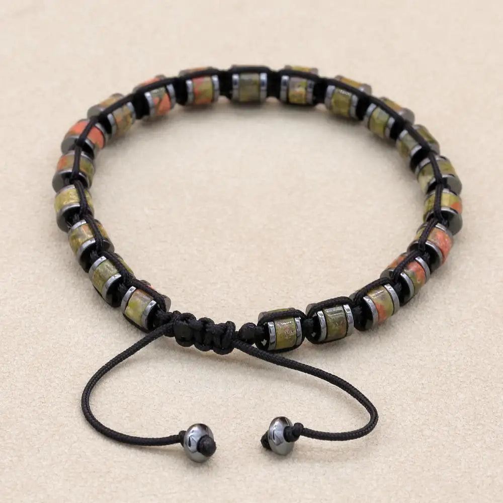 Unisex Unakite and Hematite Disc Braided Bracelet