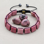 Handmade 10mm Square Rhodonite Beaded Braided Bracelet with Six-Sword Mantra Agate Adjustable