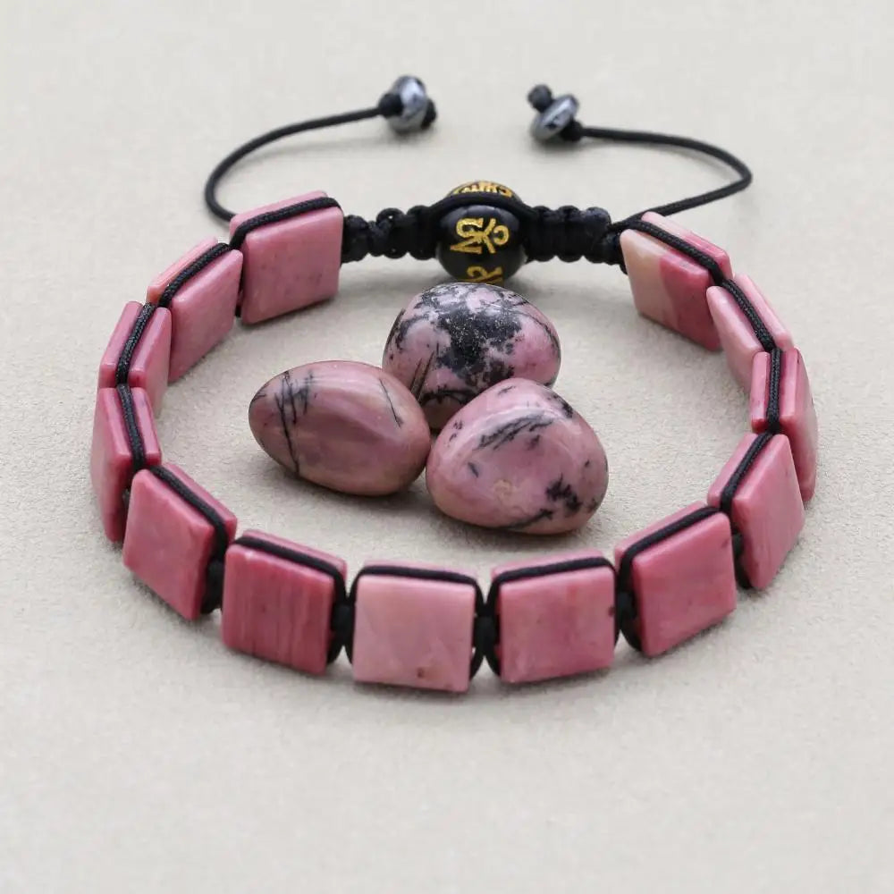 Handmade 10mm Square Rhodonite Beaded Braided Bracelet with Six-Sword Mantra Agate Adjustable