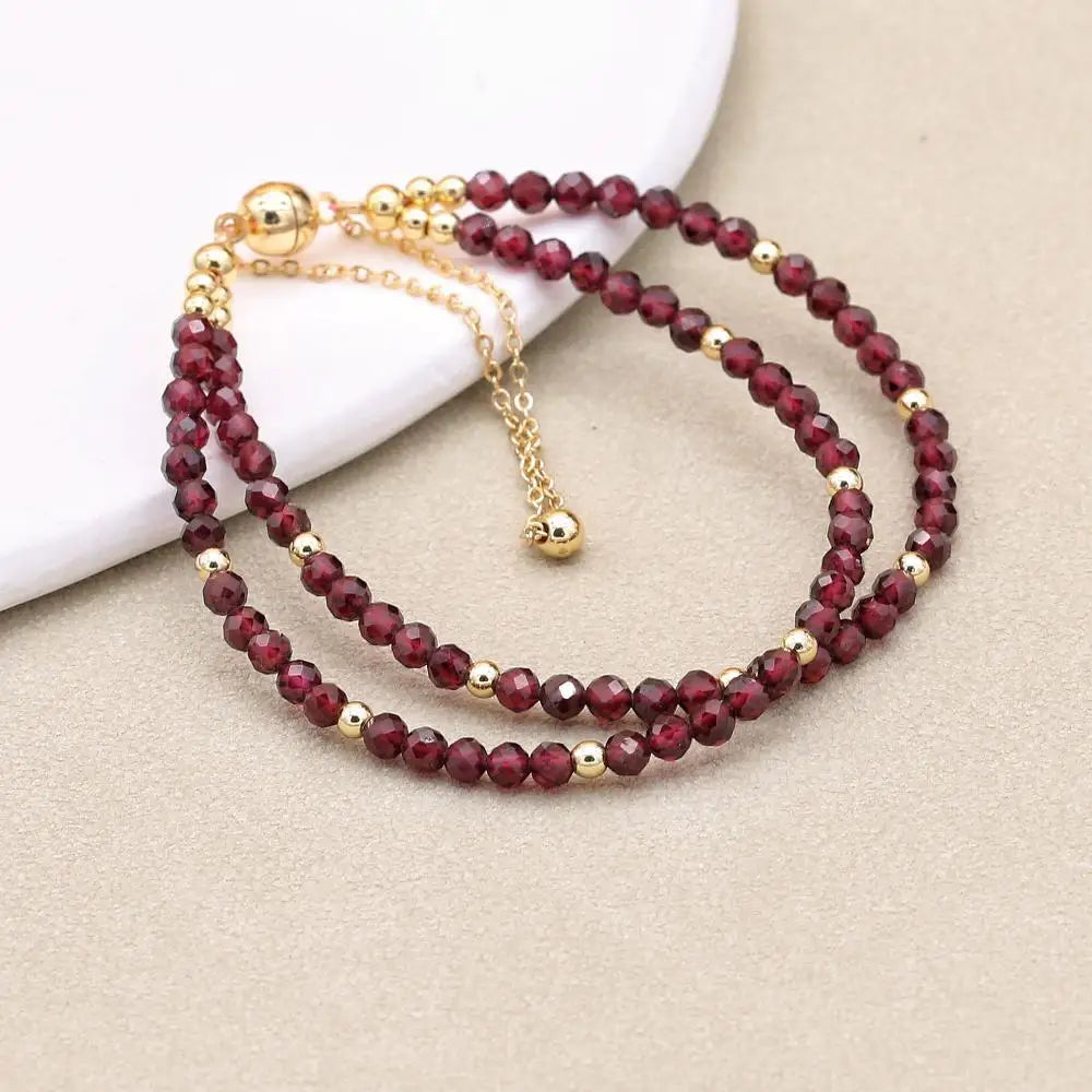 Handmade 3mm Faceted Garnet Double-Layer Bracelet with Magnetic Clasp