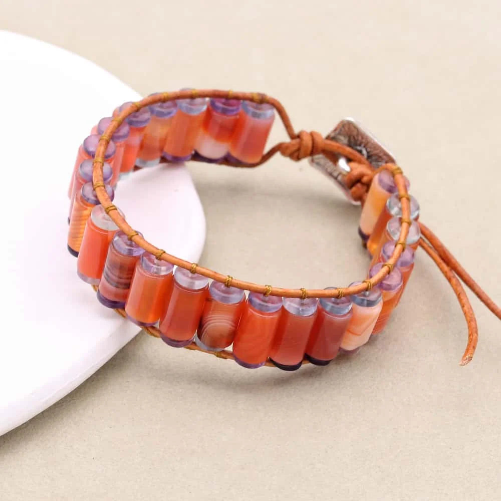 Vitality and Clarity: Red Agate Tube Fluorite Woven Leather Bracelet