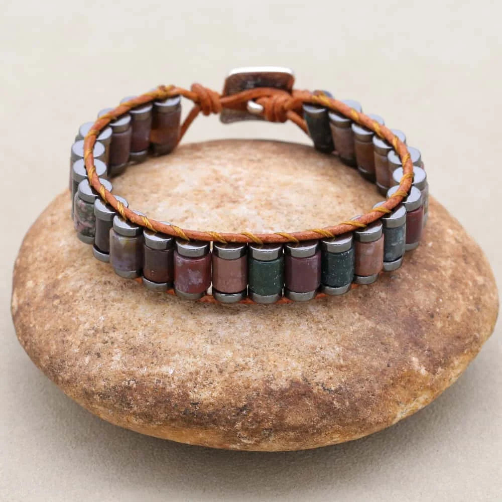 Strength and Serenity Indian Agate Hematite Leather Wrap Bracelet