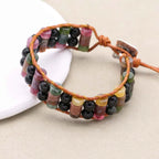 Rainbow Gemstone Leather Wrap Bracelet with Tourmaline & Obsidian