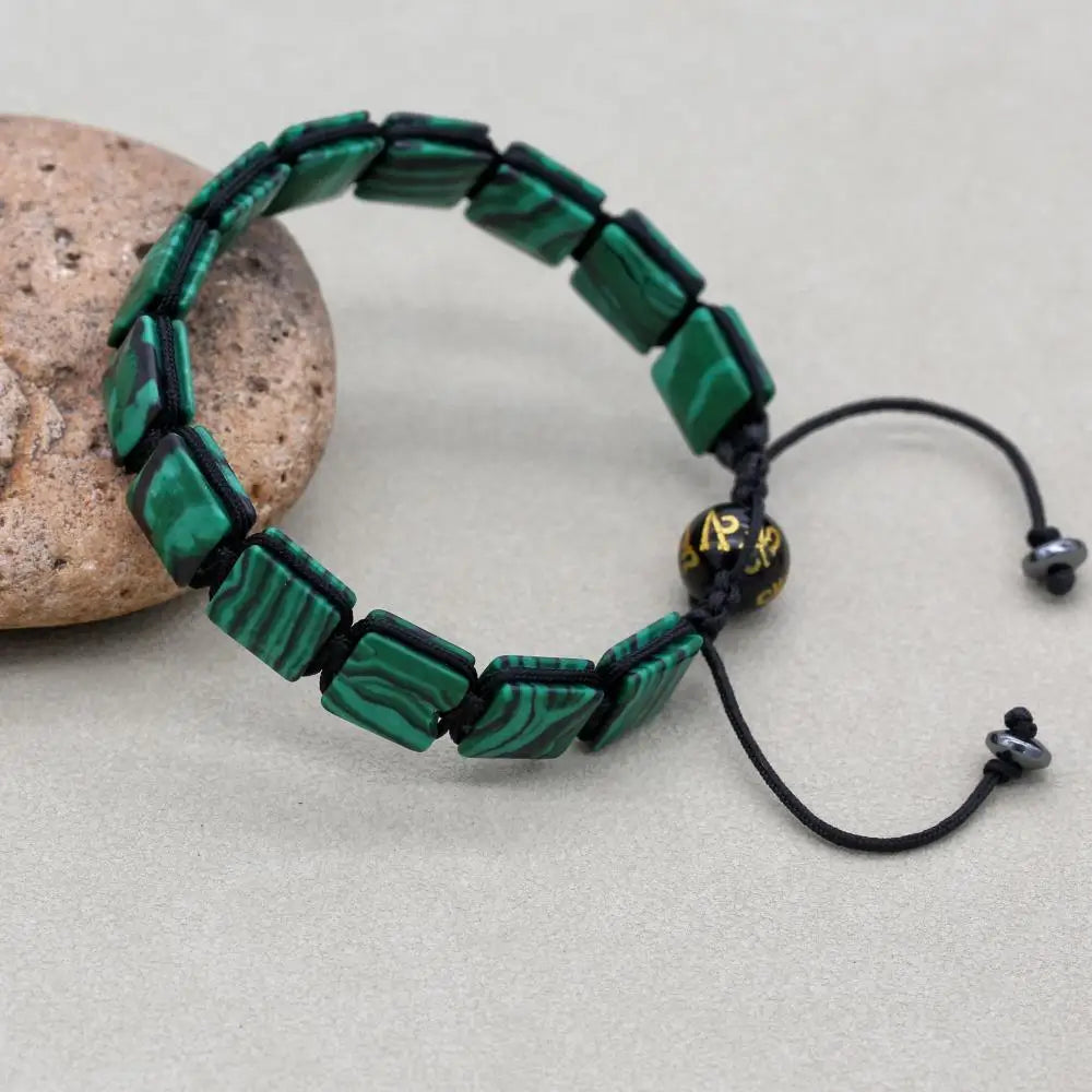 Handmade Square Synthetic Malachite Braided Bracelet | Unisex Spiritual Mantra Jewelry