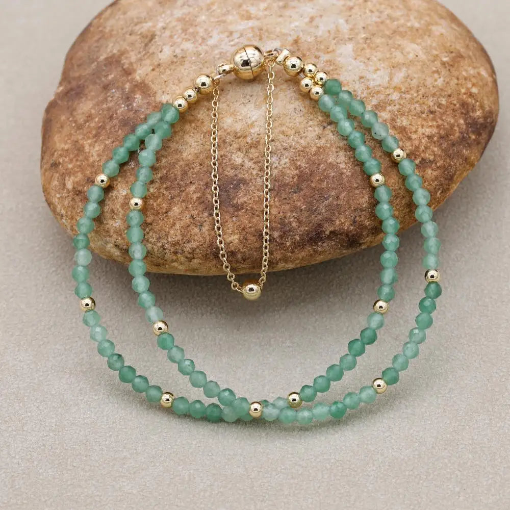 Handmade 3mm Faceted Green Aventurine Double-Layer Bracelet with Magnetic Clasp