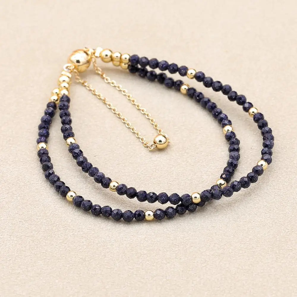 Handmade 3mm Faceted Blue Sandstone Double-Layer Bracelet with Magnetic Clasp