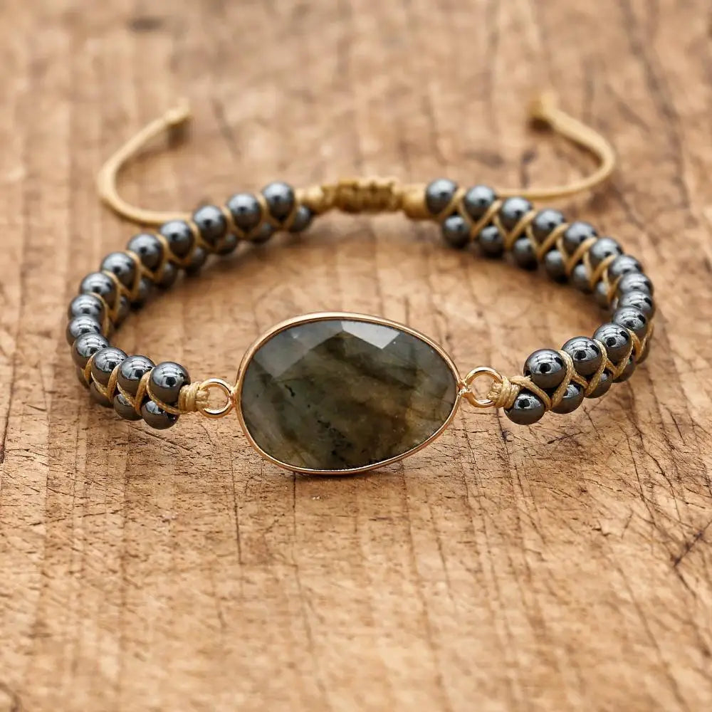 Pulsera trenzada de doble capa de hematita y labradorita: protección e intuición