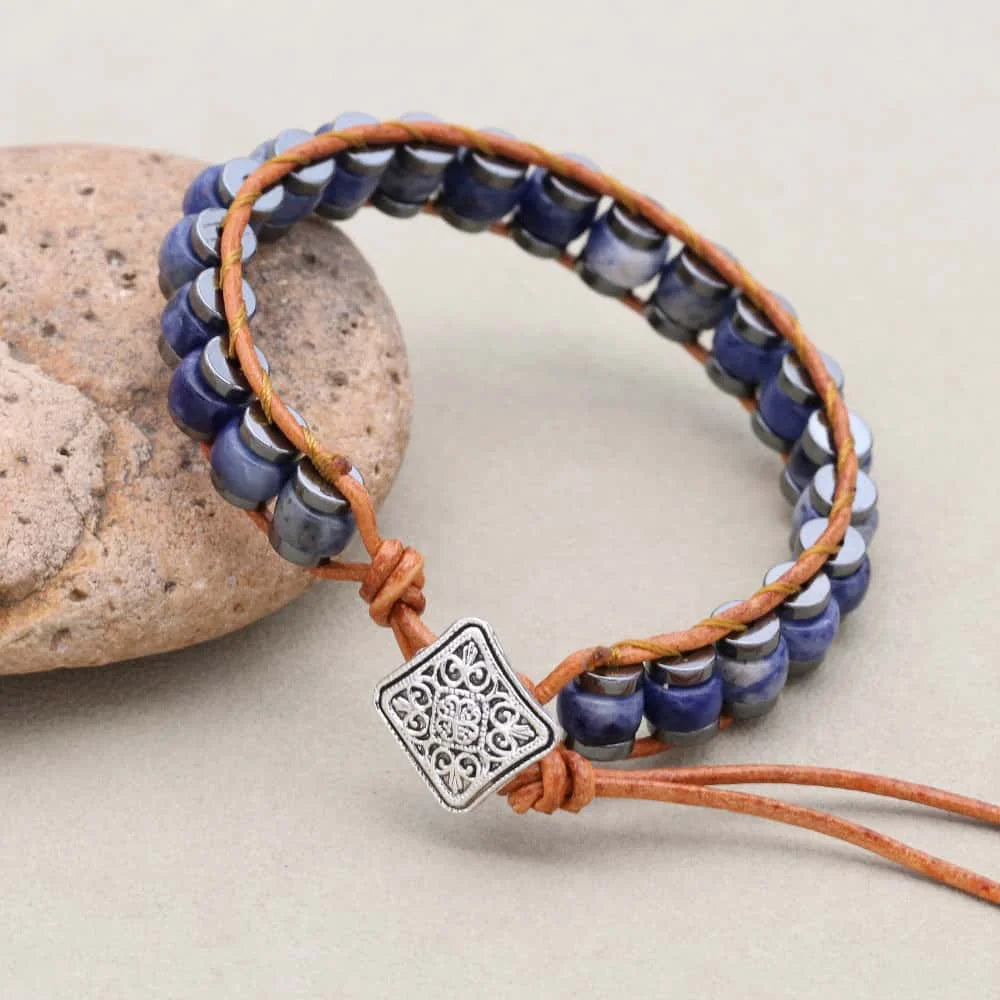 Clarity and Protection Sodalite Hematite Leather Wrap Bracelet