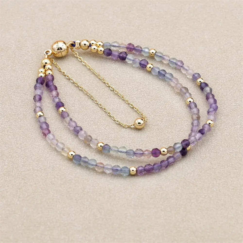 Handmade 3mm Faceted Rainbow Fluorite Double-Layer Bracelet with Magnetic Clasp
