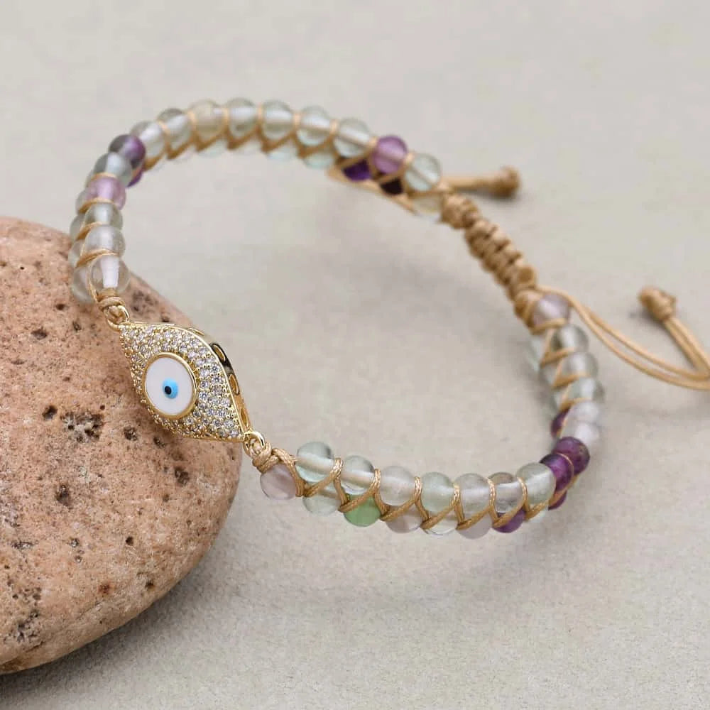 White Evil Eye Rainbow Fluorite Bracelet: Purity & Mind Clarity Talisman
